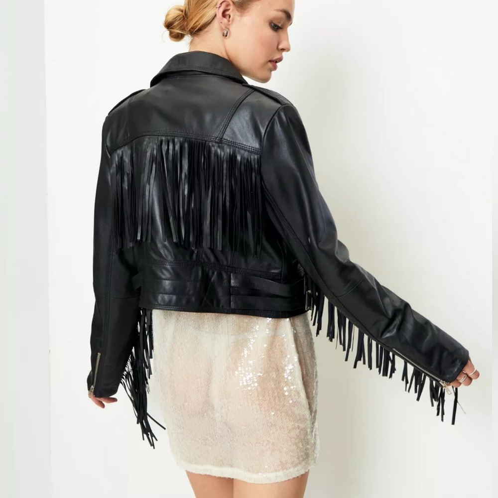 Smooth Imitation-Leather Fringe Western Jacket Black. Size Medium